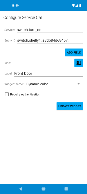 Screenshot of Home Assistant widget configuration on Android