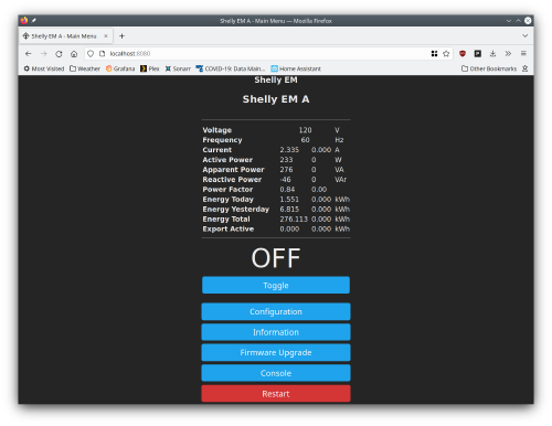 Screenshot of Tasmota home screen showing power metering